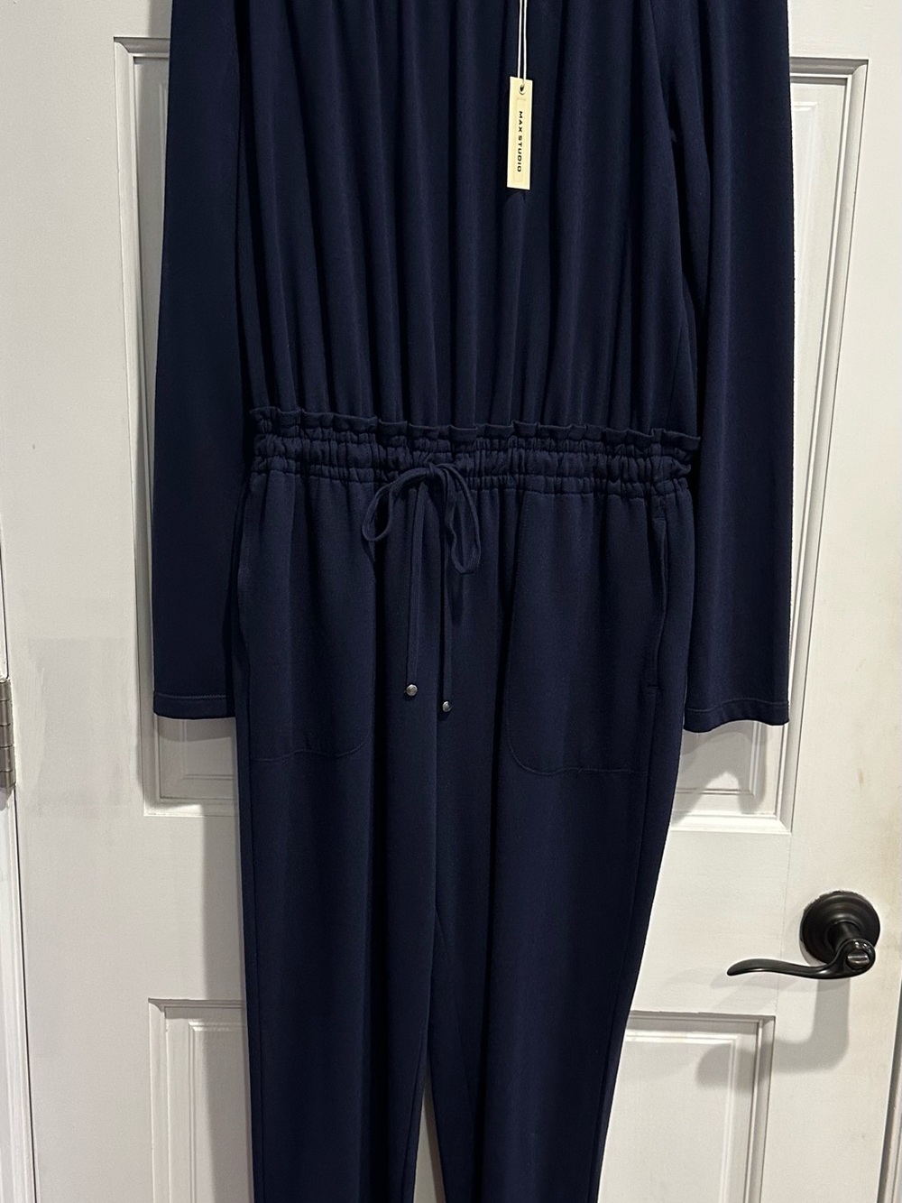 NWT Max Studio Women's Navy Long-Sleeve Drawstring Jumpsuit; size M